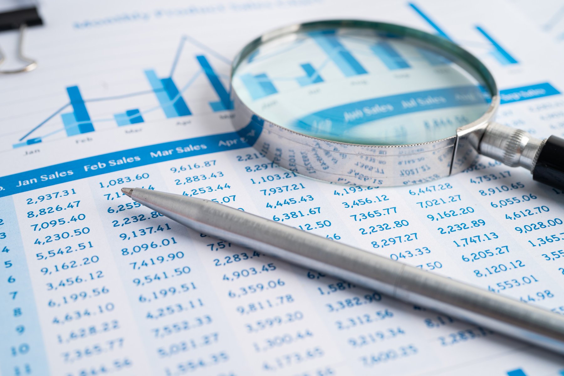 Magnifying Glass on Charts Graphs Paper. Financial Development,